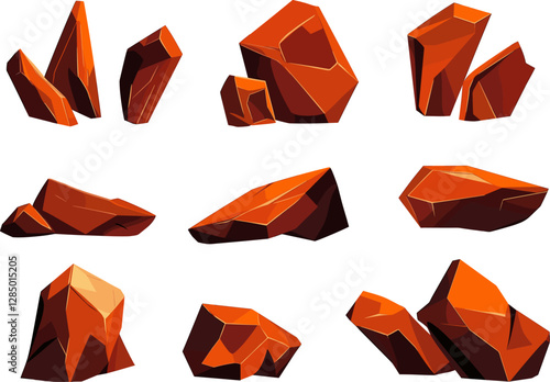 Collection of geometric red rocks in various shapes and sizes cartoon isolated on transparent background. Vector illustration.