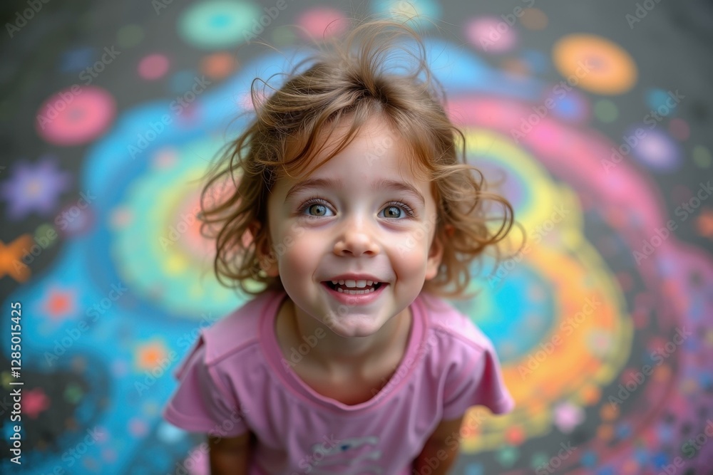 Little girl is smiling while standing on colorful surface Little girl is smiling while standing on colorful surface