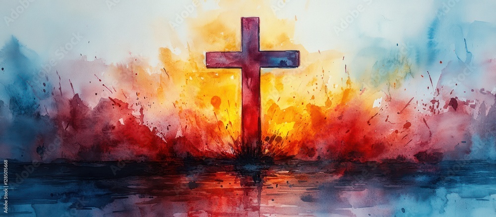Obraz premium Watercolor Painting of the Cross of Jesus Christ with Colorful Splashes for Good Friday and Semana Santa