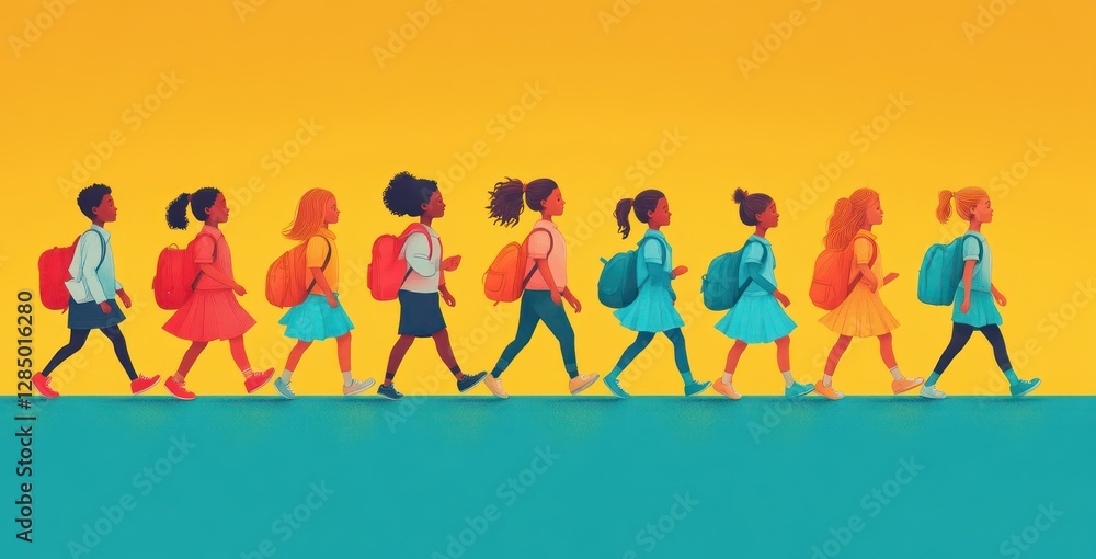 Teacher with Diverse Group of Joyful Children Walking in Line Outdoor Playground Teacher with Diverse Group of Joyful Children Walking in Line Outdoor Playground