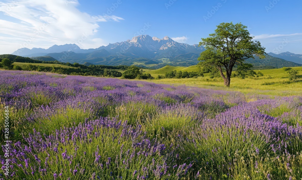 Fototapeta premium Purple Wildflower Field with Mountain View