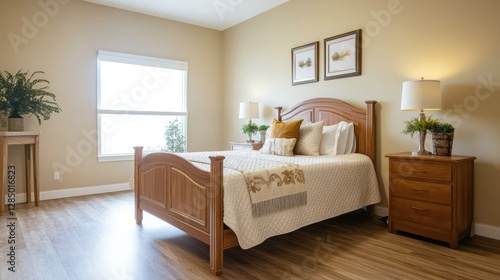 Traditional bedroom with a sturdy wooden bed, ensuring stability and ease of use for elderly residents.