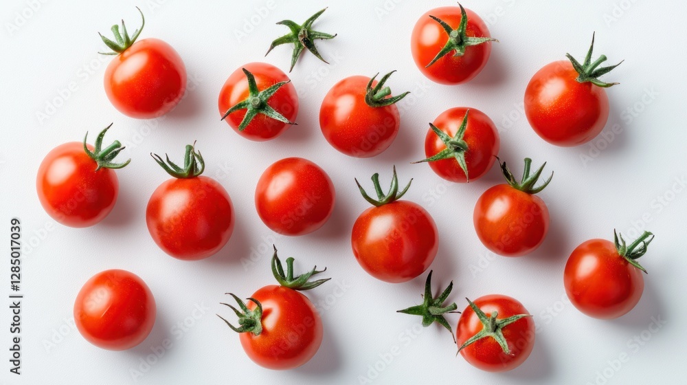 Fresh Red Tomatoes with Green Stems on White Background Fresh Red Tomatoes with Green Stems on White Background