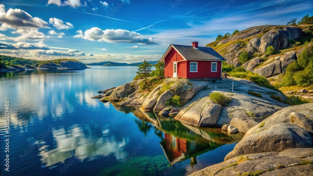 Fototapeta premium Idyllic Red Cottage on Rocky Cliff overlooking Tranquil Lake