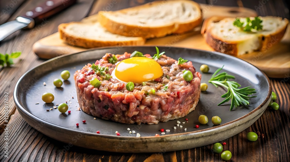 Gourmet beef tartare with egg yolk, fine dining dish Gourmet beef tartare with egg yolk, fine dining dish
