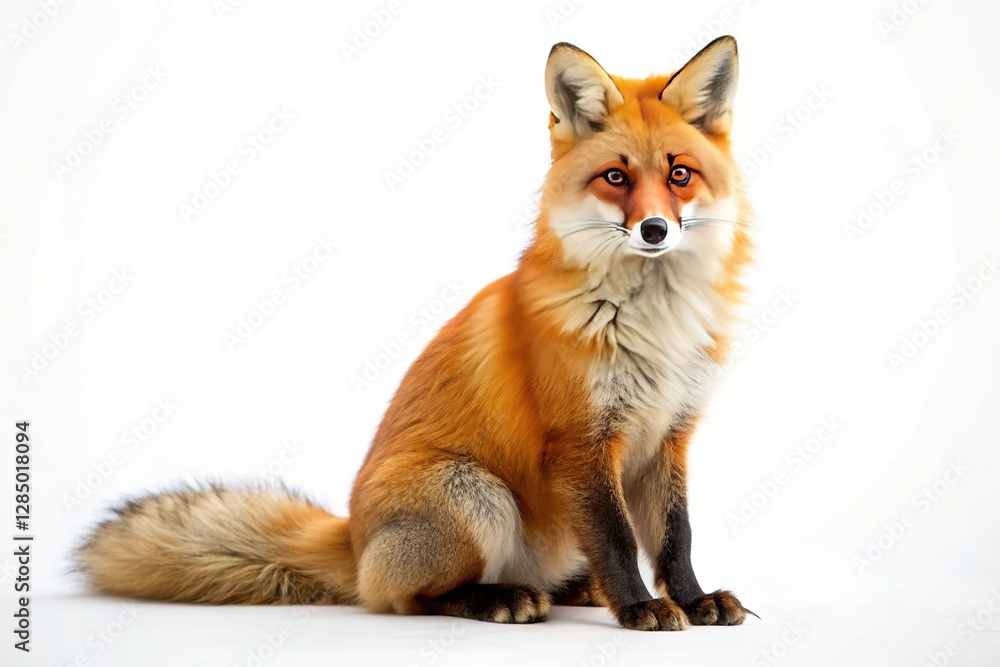 Obraz premium Majestic Red Fox Sitting Gracefully on White Background - Wildlife Stock Photo