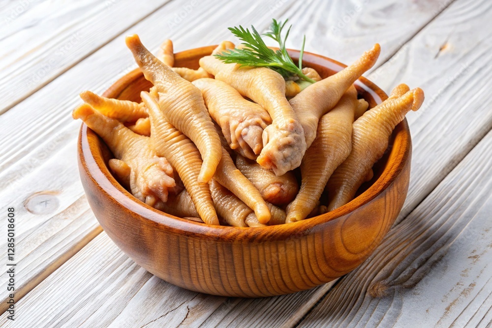 Neatly Arranged Boiled Chicken Feet in Rustic Wooden Bowl - Isolated White Background Neatly Arranged Boiled Chicken Feet in Rustic Wooden Bowl - Isolated White Background