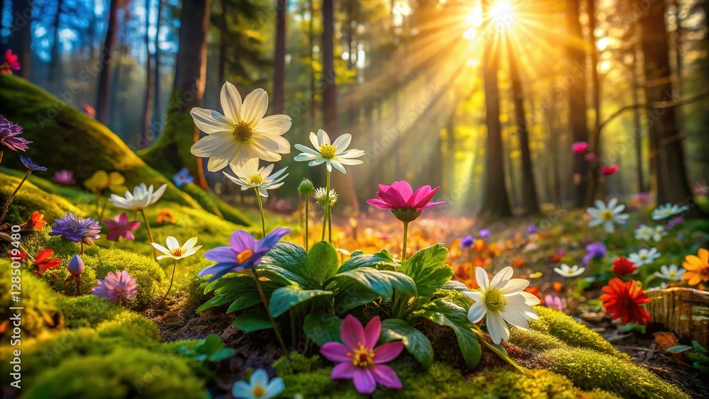 Fototapeta premium Scattered Spring Blossoms on Forest Floor - Vibrant Petals & Delicate Flowers