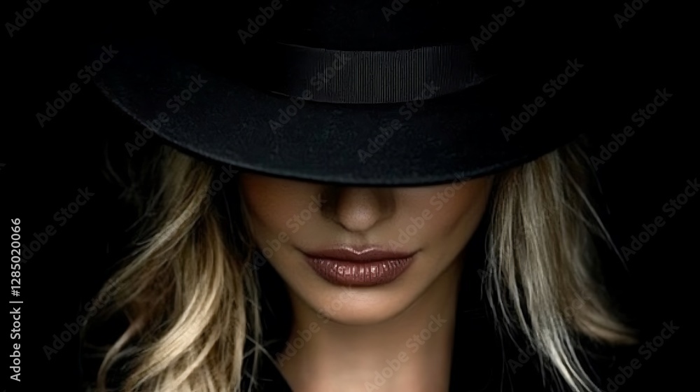 A woman wearing a black hat is hidden in the shadows A woman wearing a black hat is hidden in the shadows