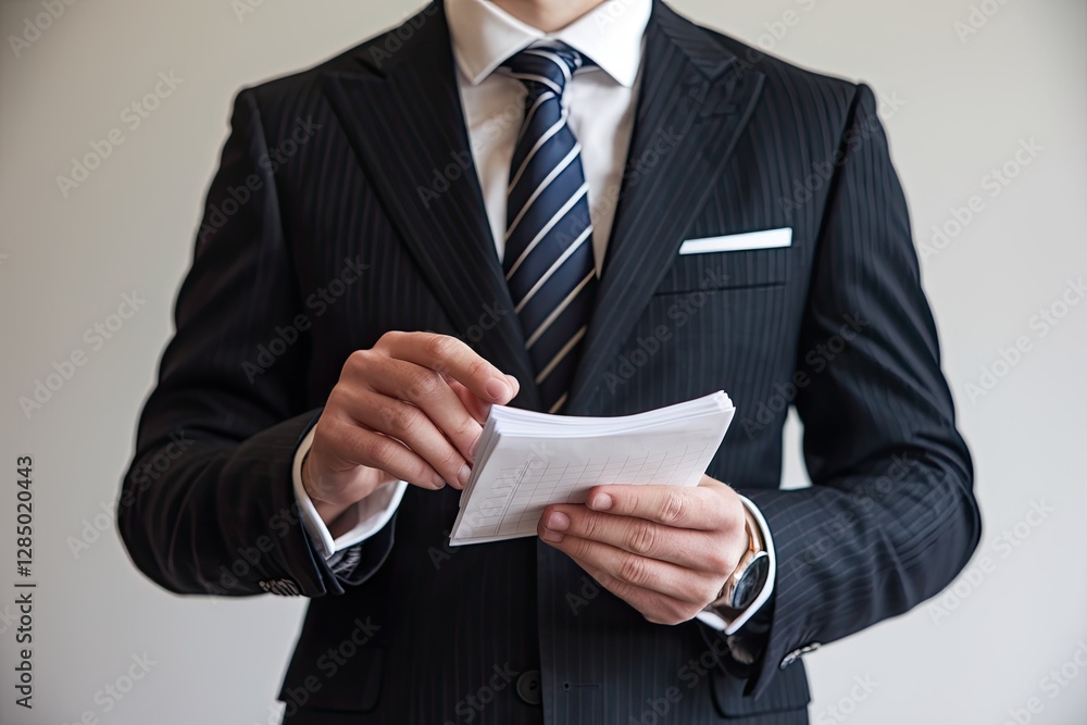 Elegant professional in a striped suit reviewing notes on grid paper, a close-up with a classic blue tie and pocket square on a light neutral background Elegant professional in a striped suit reviewing notes on grid paper, a close-up with a classic blue tie and pocket square on a light neutral background