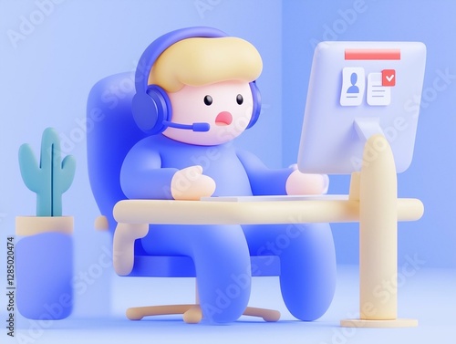 Cute cartoon character working at a desk with a computer and headset in a minimalist office setting photo