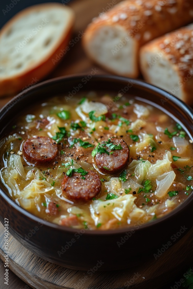Delicious Rustic Cabbage and Sausage Soup with Freshly Baked Bread for Christmas Dinner Delicious Rustic Cabbage and Sausage Soup with Freshly Baked Bread for Christmas Dinner