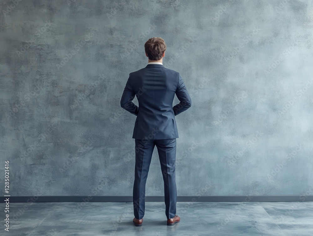 Fototapeta premium Rear view of businessman in suit standing against a grey wall.