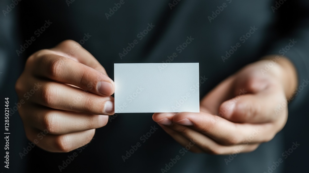 Close-up of hands holding a blank business card. Close-up of hands holding a blank business card.