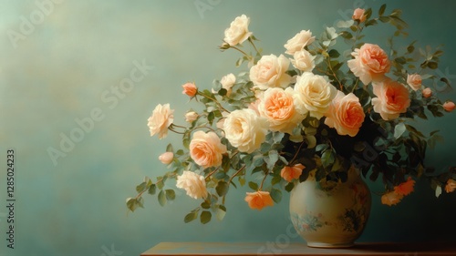 Wallpaper Mural Peach and Cream Roses in a Vintage Vase Against a Teal Wall Torontodigital.ca