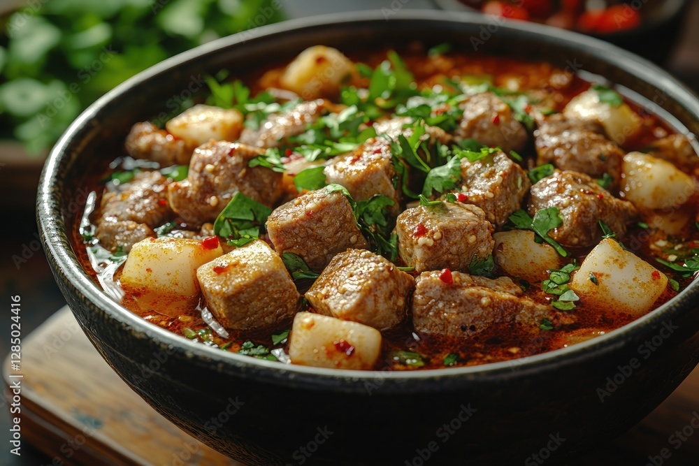 Spicy Beef Tripe Stew with Peppers and Vegetables Served with Bread Spicy Beef Tripe Stew with Peppers and Vegetables Served with Bread