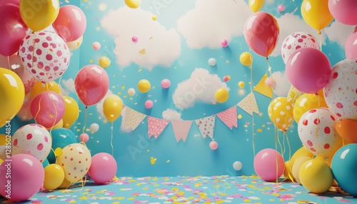 Colorful balloons floating in festive birthday party room