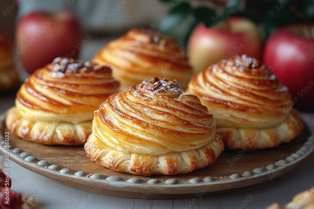 Freshly Baked Apple Pastries with Puff Pastry and Strawberry Jam in Rustic Kitchen Setting Freshly Baked Apple Pastries with Puff Pastry and Strawberry Jam in Rustic Kitchen Setting