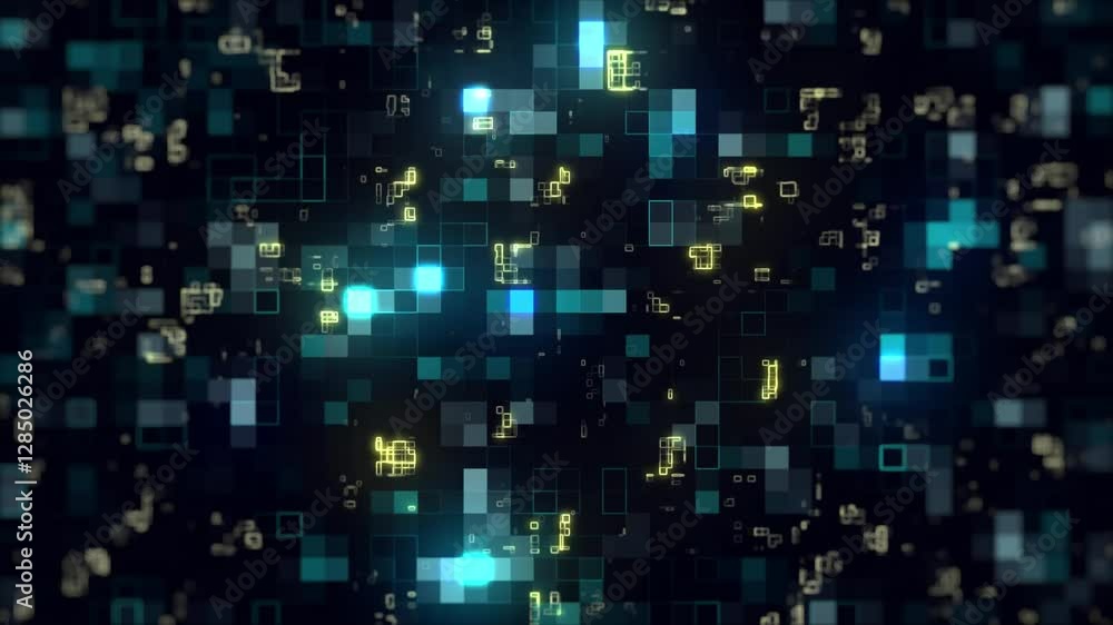 Glowing blue neon effect dots with gold squares data transmission video animation background futuristic motion graphic Glowing blue neon effect dots with gold squares data transmission video animation background futuristic motion graphic