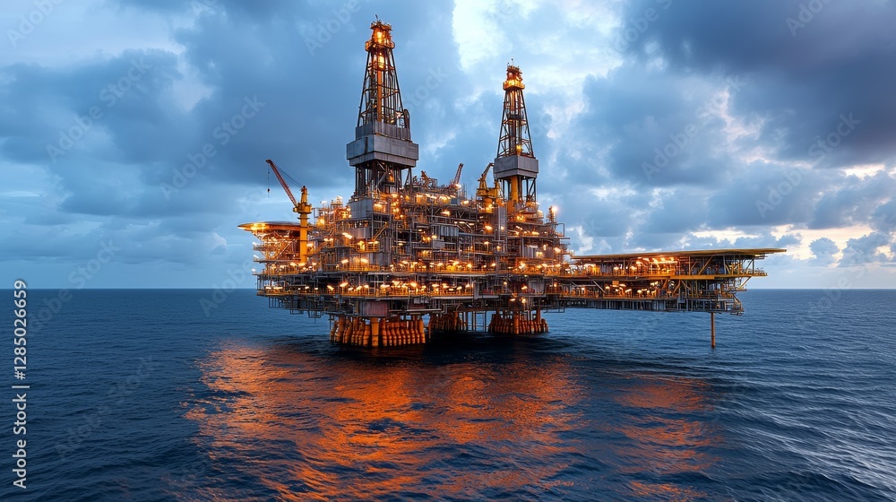 Fototapeta premium Illuminated Offshore Oil Drilling Platform in Dramatic Night Seascape