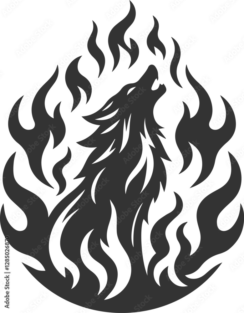 A fire wolf howling with flames surrounding it animal vector silhouette