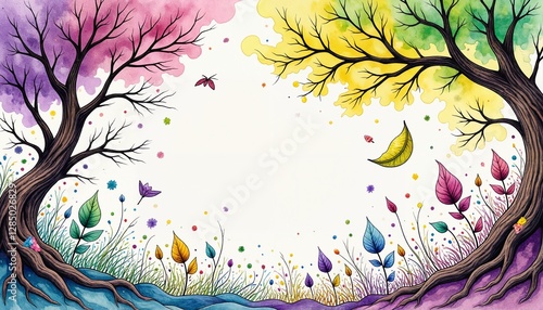 Tree Branches with Colorful Leaves and Flying Birds