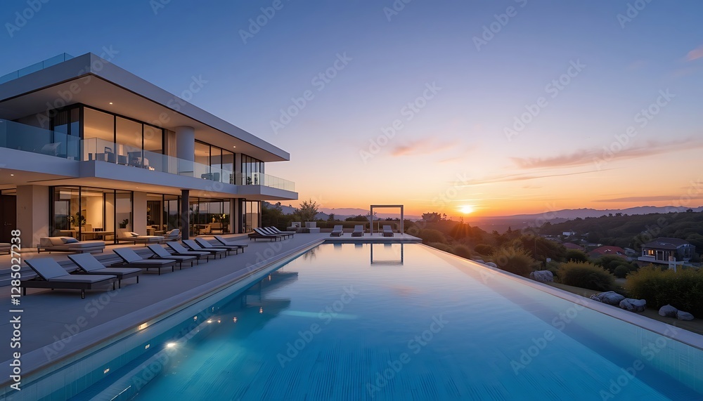 Obraz premium Luxury Villa with Infinity Pool at Sunset, A Modern Architectural Marvel