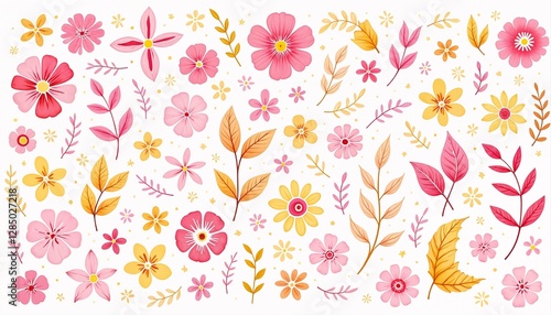 Wallpaper Mural Floral Pattern with Pink and Yellow Flowers on a Light Gray Background Torontodigital.ca