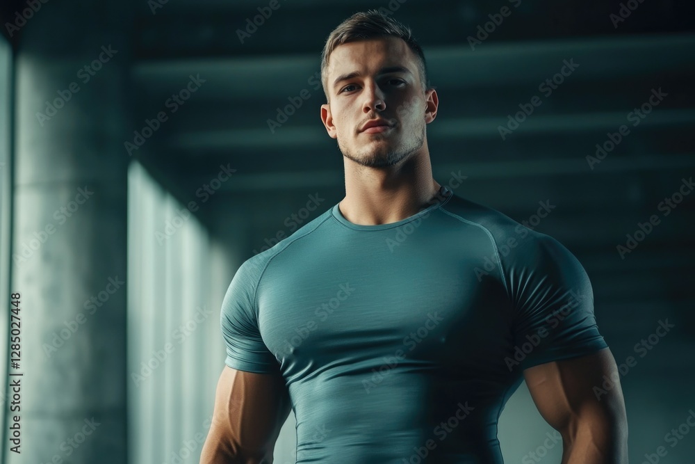 A muscular fitness model in a grey sports top and shorts, standing against a stadium wall, with a focused expression. A muscular fitness model in a grey sports top and shorts, standing against a stadium wall, with a focused expression.