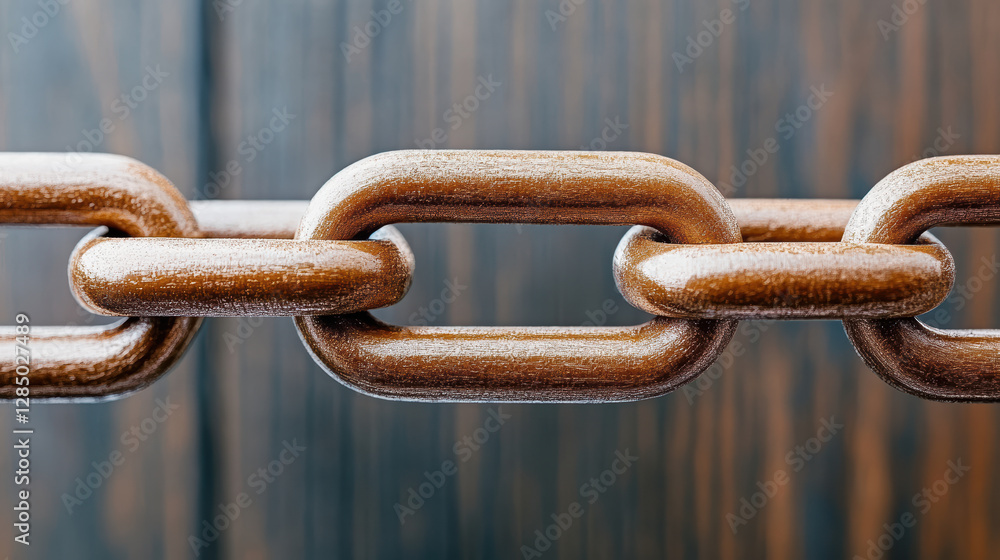 close up of shiny metal chain link against wooden background close up of shiny metal chain link against wooden background
