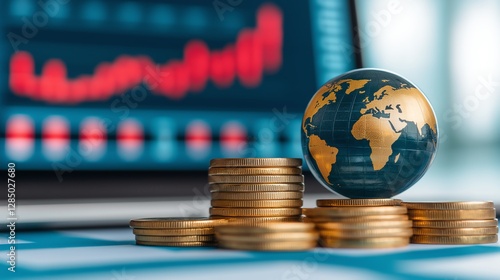 This image showcases a globe symbolizing global finance, surrounded by stacks of coins with financial data displayed on a digital screen, highlighting economic growth and investmen