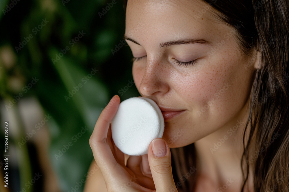 Woman enjoying a skincare ritual while relaxing in a green environment surrounded by plants Woman enjoying a skincare ritual while relaxing in a green environment surrounded by plants