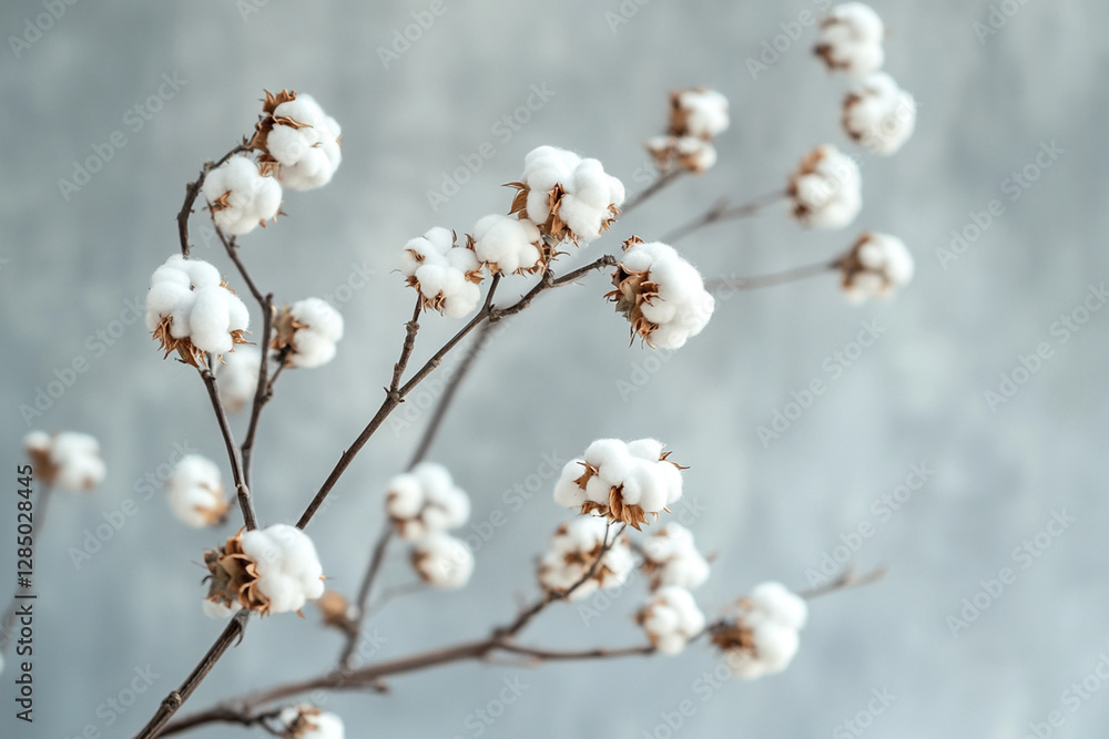 Delicate cotton branches with fluffy bolls against a soft gray backdrop Delicate cotton branches with fluffy bolls against a soft gray backdrop
