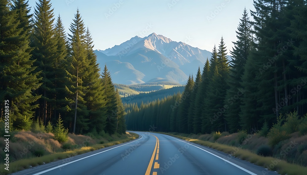 Scenic Mountain Road Journey Through Lush Green Pine Forest Landscape Scenic Mountain Road Journey Through Lush Green Pine Forest Landscape