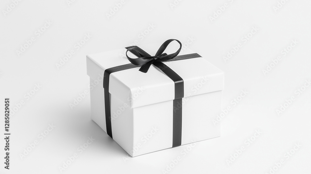 Minimalist white gift box with black ribbon on white background with copy space Minimalist white gift box with black ribbon on white background with copy space