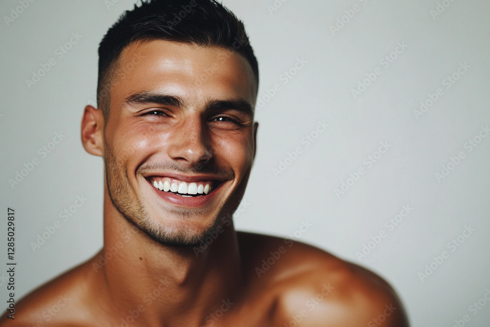 Obraz premium Young man with a bright smile captures a joyful moment in a simple portrait setting