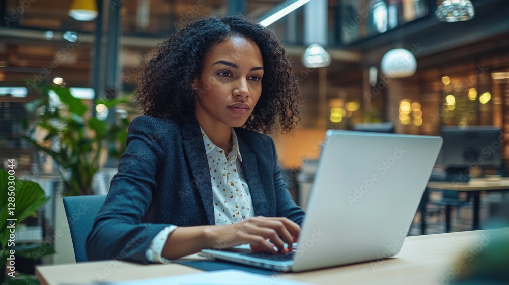 A person typing on a laptop at a desk, appearing focused and engaged in work within an indoor corporate setting. A person typing on a laptop at a desk, appearing focused and engaged in work within an indoor corporate setting.