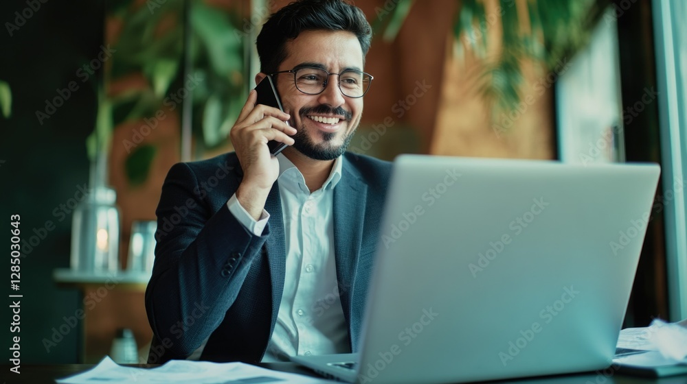 Smiling professional seated behind laptop, engaged in conversation on phone. Smiling professional seated behind laptop, engaged in conversation on phone.