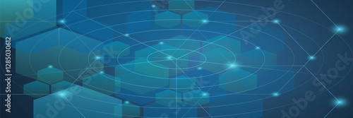 Dark gray and blue horizontal hexagonal technology abstract vector background. Red bright energy flashes under the hexagon in a wide banner of futuristic modern