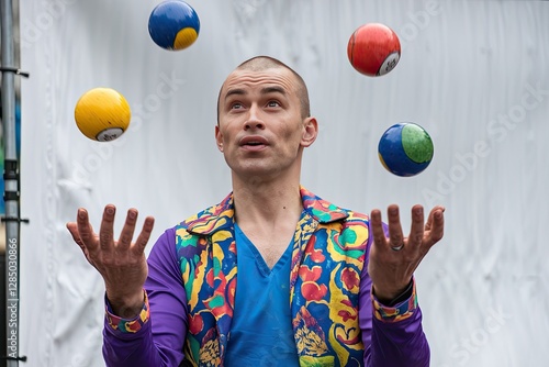 Close-up of a focused juggler in a colorful outfit juggling four patterned balls, set against a bright background