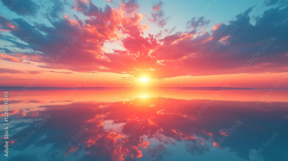 Obraz premium Dramatic sunset sky with symmetrical Bonneville Salt Flats creating a stunning landscape