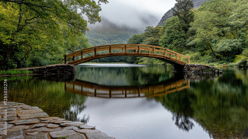 serene wooden bridge reflecting in calm lake surrounded by lush greenery serene wooden bridge reflecting in calm lake surrounded by lush greenery