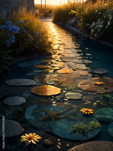 A wet stone pathway at night