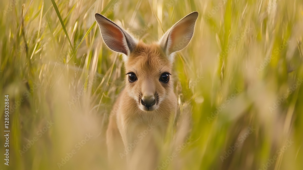 Fototapeta premium A young deer peeking through tall grass in a serene natural setting during a warm and sunny day