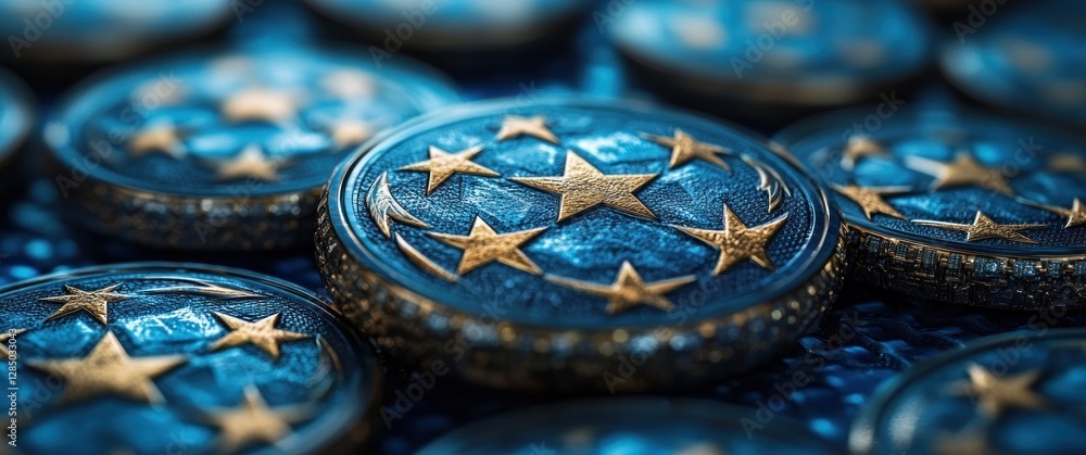 Close-up of UEFA Champions League Tokens with Glossy Texture on Table for Sports Season Close-up of UEFA Champions League Tokens with Glossy Texture on Table for Sports Season
