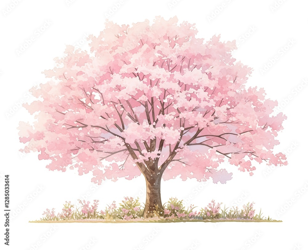 Fototapeta premium Blooming cherry tree in soft pink watercolor with delicate petals and branches