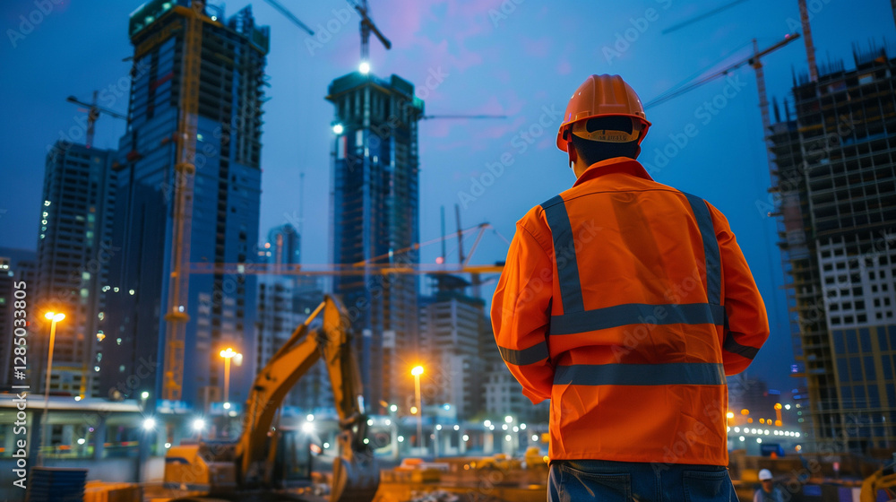 Construction supervisor overlooking a high-rise building project at night Construction supervisor overlooking a high-rise building project at night
