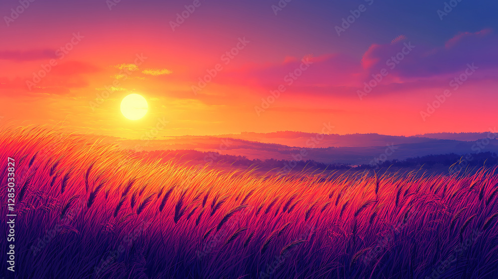 Tranquil rural field with wild grass dancing in the sunlight during a beautiful sunset Tranquil rural field with wild grass dancing in the sunlight during a beautiful sunset