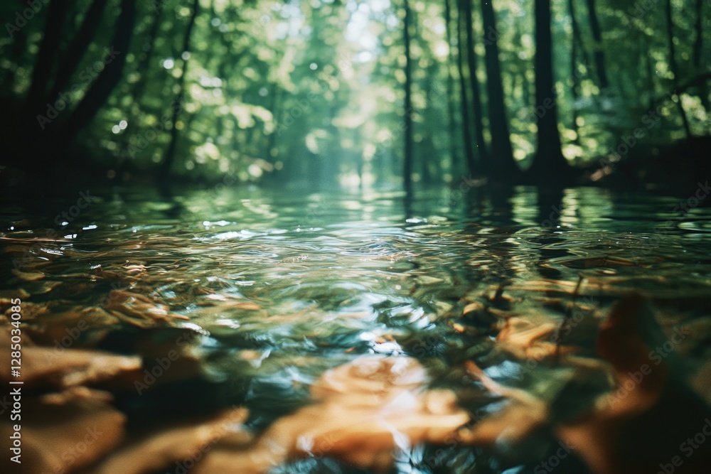 Fototapeta premium Nature's tranquility - calm stream in the woods, surrounded by lush greenery. A perfect escape from city life.