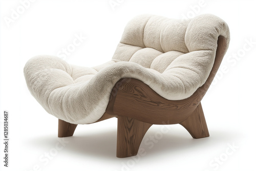 Modern Beige Sheepskin Armchair Wooden Legs Comfortable Lounge Chair photo